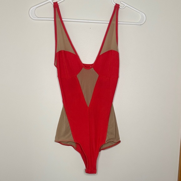 Red and Mesh One-Piece Bodysuit - Picture 1 of 3